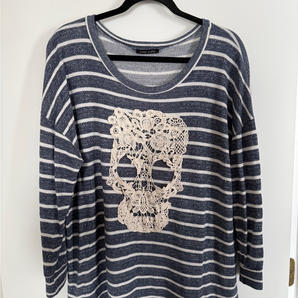 Sweet Claire Striped Navy & White Top with Lace Skull Plus Size 1X